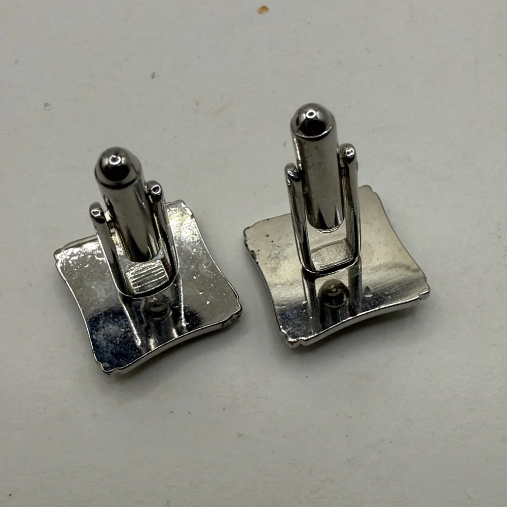 Vintage Silver Tone Black Onyx Style Square Cufflinks Cuff Links Ornate Mens